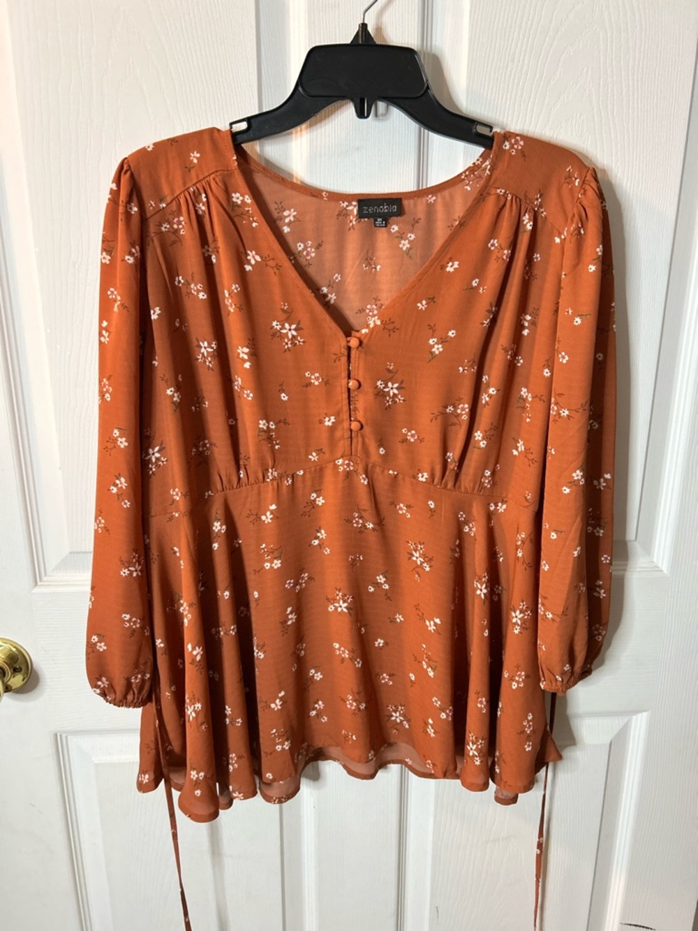 Zenobia Rust Floral Button-Front Peasant Blouse